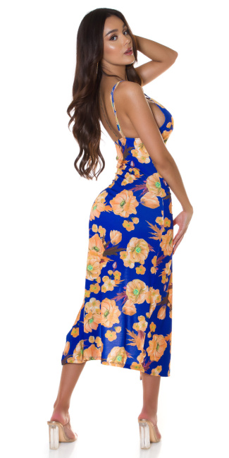 Summer Dress with XL Leg Slit and flower print Blue